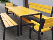 Zestaw loft ocynk stół ogrodowy drewniany 2 ławki 2 fotele metal