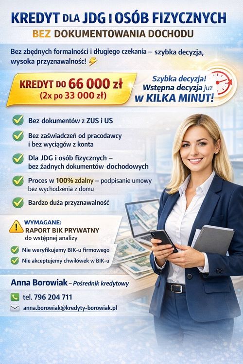 KREDYT DLA JDG I OSÓB FIZYCZNYCH BEZ DOKUMENTOWANIA DOCHODU! Częstochowa - Zdjęcie 1