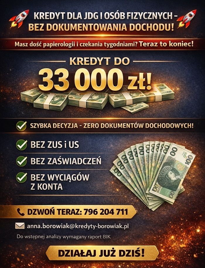 KREDYT DLA JDG I OSÓB FIZYCZNYCH – BEZ DOKUMENTOWANIA DOCHODU! Częstochowa - Zdjęcie 1