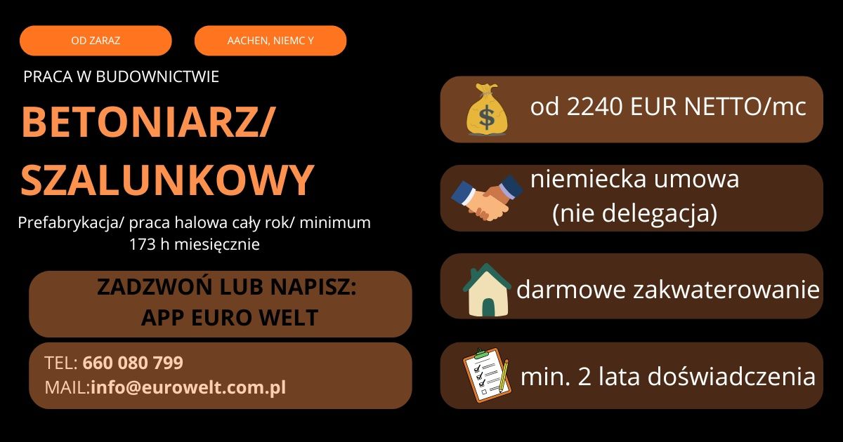 Niemcy/Betoniarz/Prefabrykacja/Od Zaraz  - Zdjęcie 1